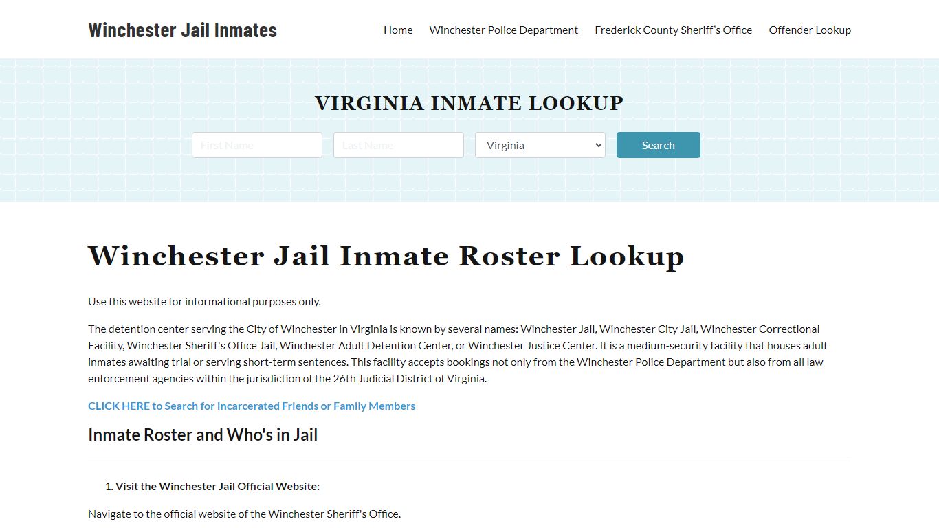 Winchester Jail Inmate Roster, Frederick County, VA, Offender Search